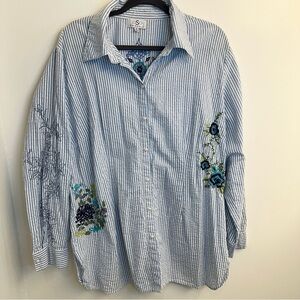 OSO Casuals Blue White Seersucker Embroidered Blouse with Pinstripes Sz 1X
